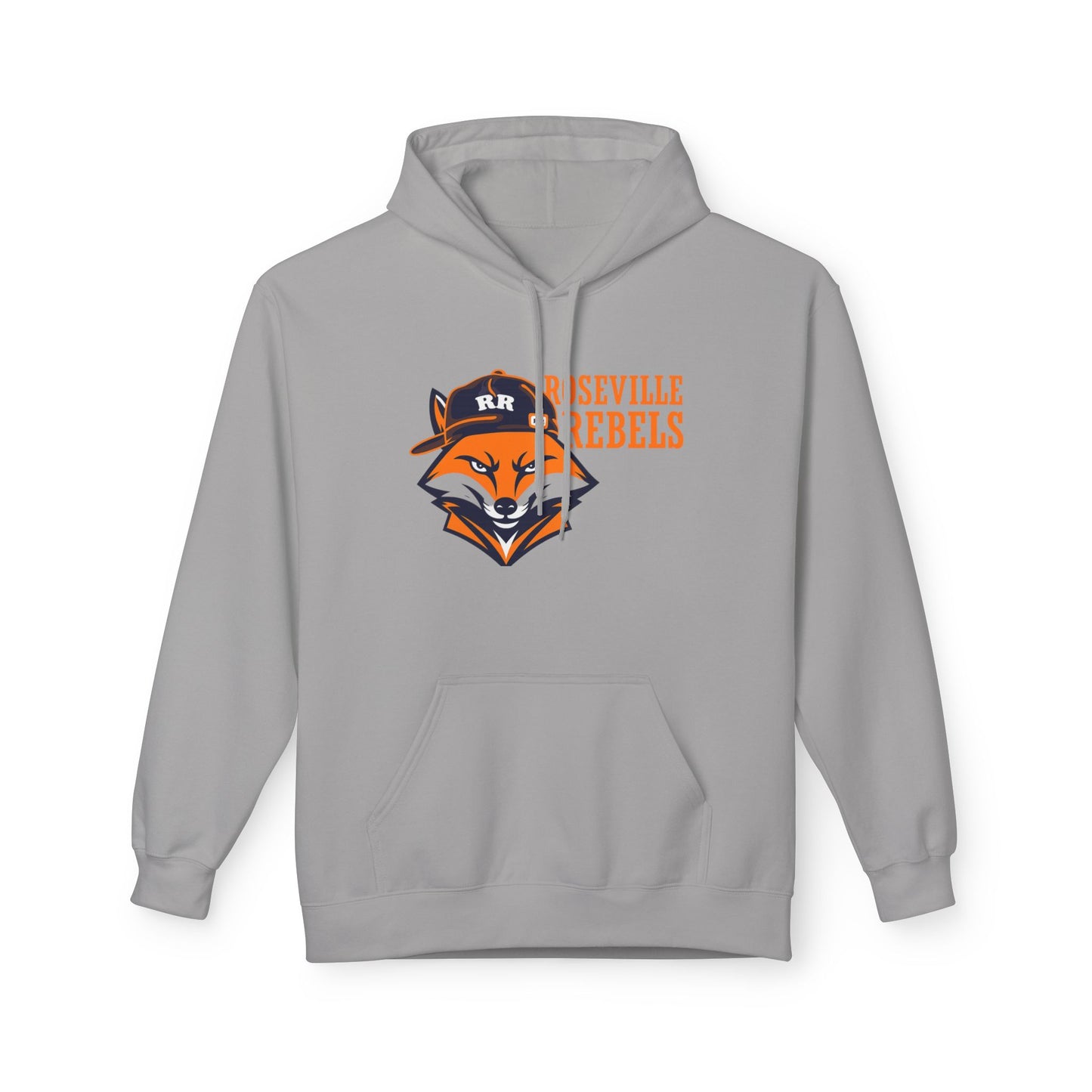 Gray hoodie with a fox logo and 'Riseville Rebels' text on a white background