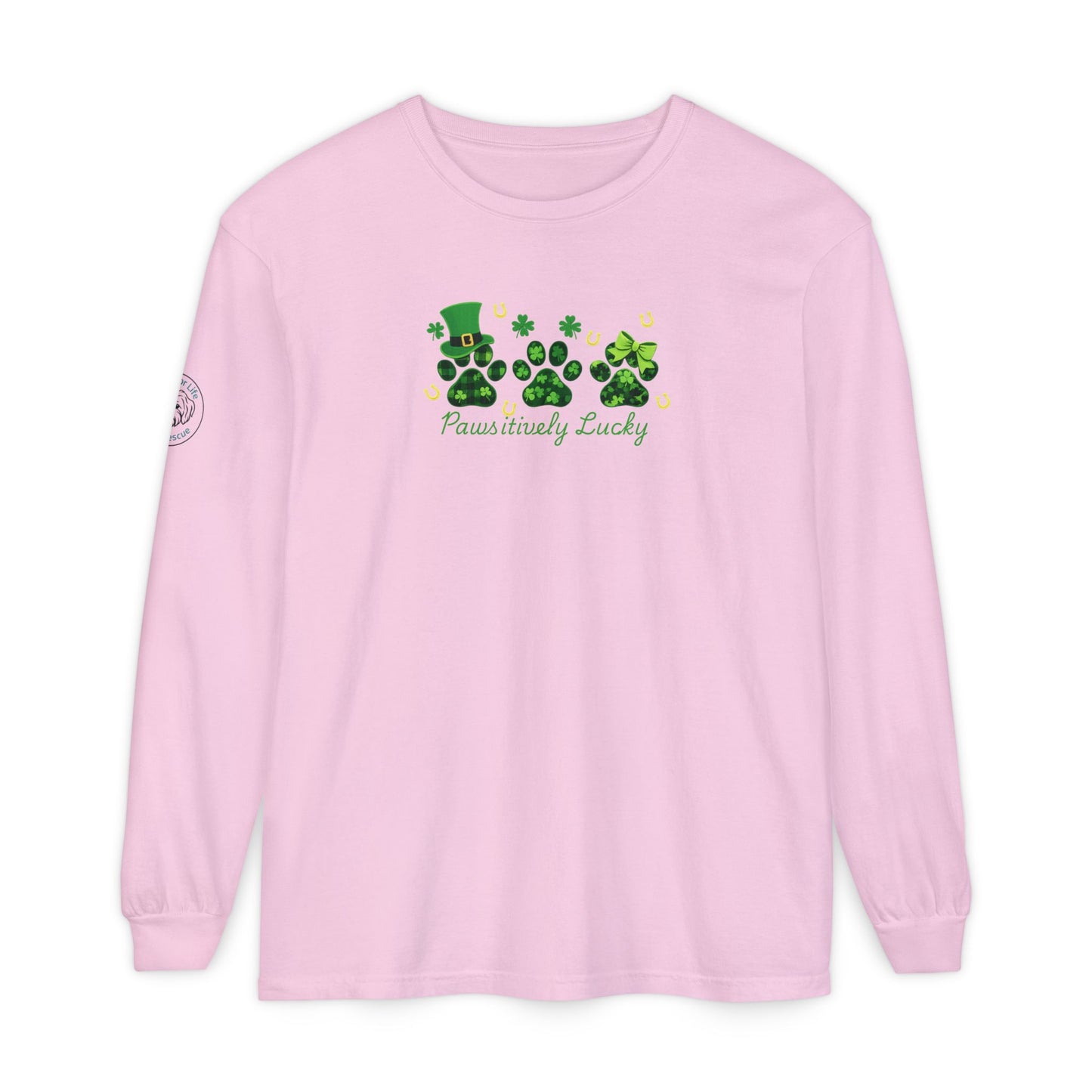 Rescue for Life St. Patrick's Day Paws-itively Lucky - Logo on Sleeve