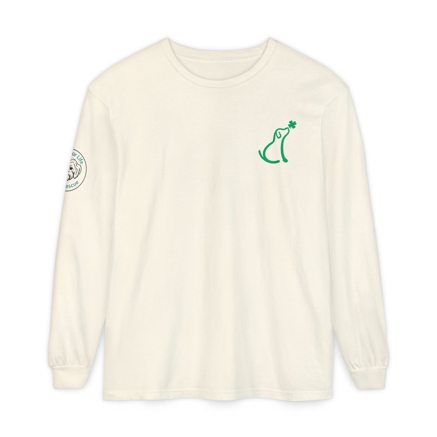 Rescue for Life St. Patrick's Day Dog with Shamrock - Logo on Sleeve