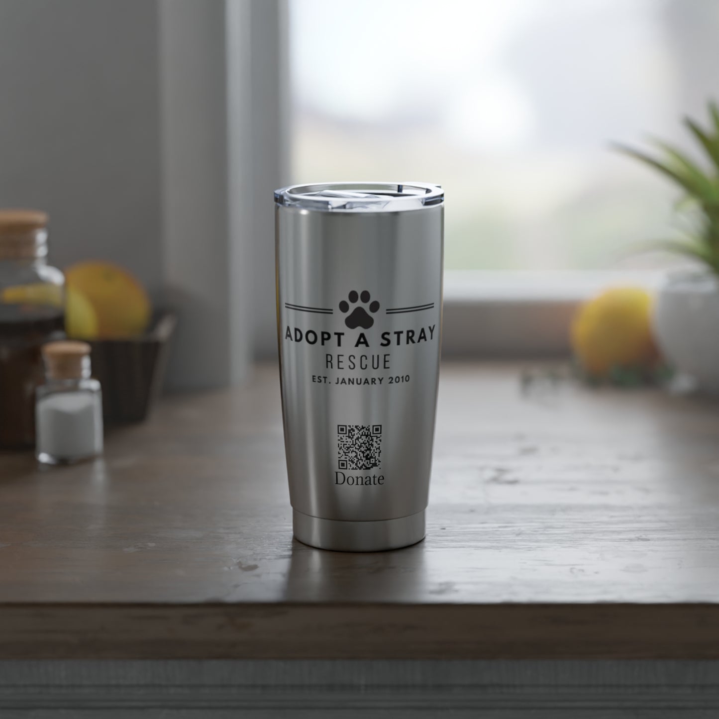 Adopt a Stray Rescue 20oz Tumbler – Donate QR Paw Print Fundraiser