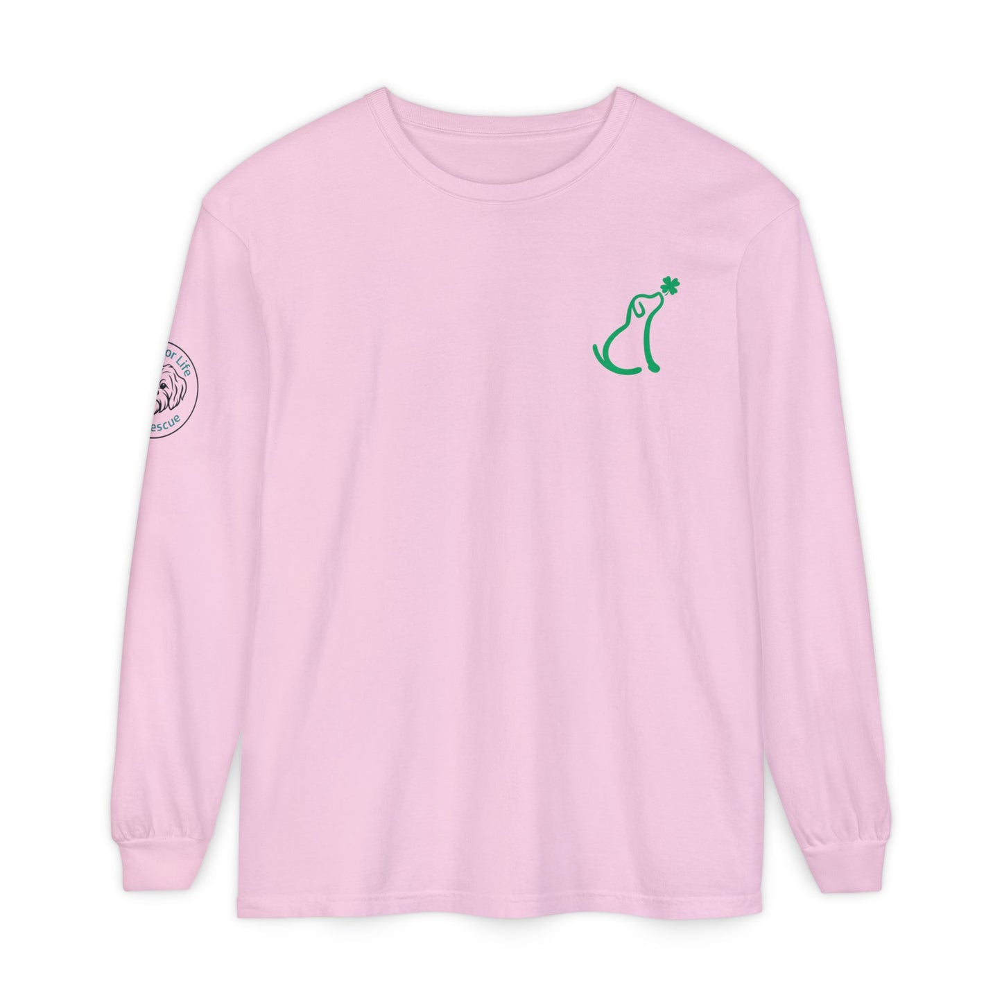 Rescue for Life St. Patrick's Day Dog with Shamrock - Logo on Sleeve