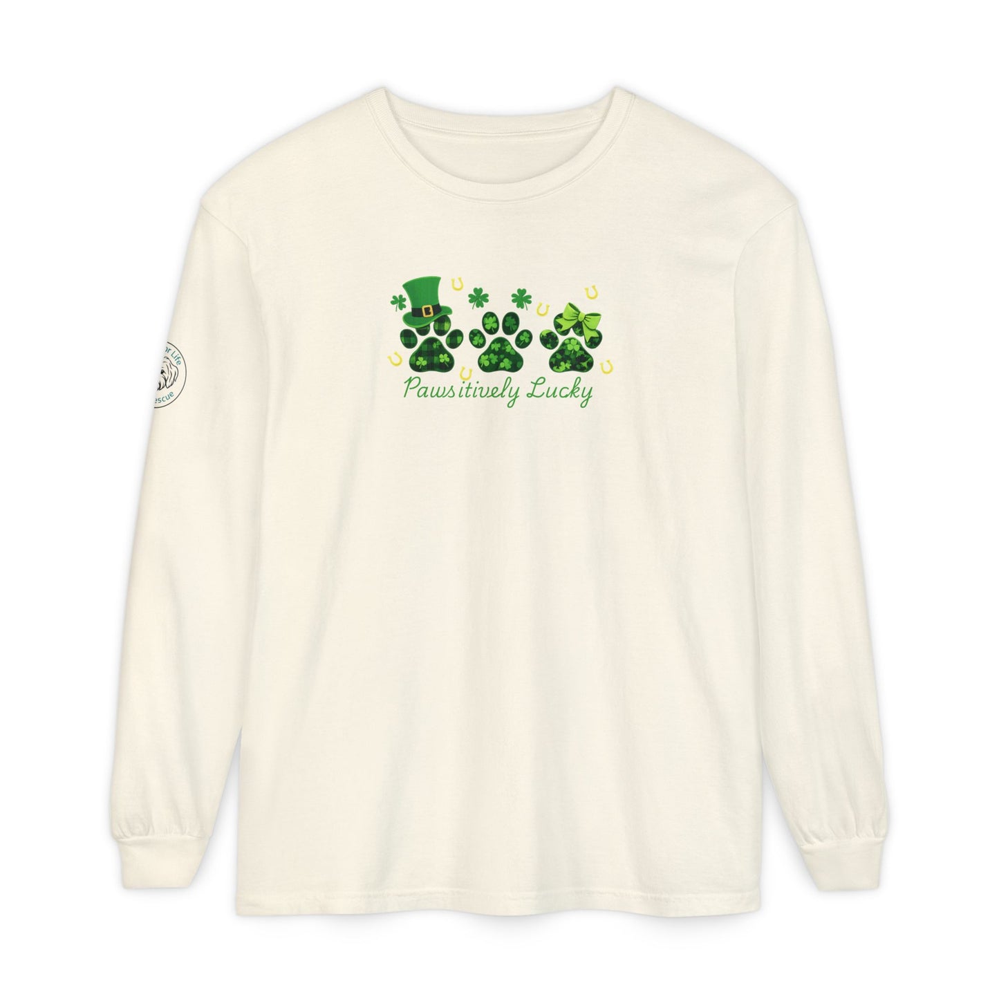 Rescue for Life St. Patrick's Day Paws-itively Lucky - Logo on Sleeve
