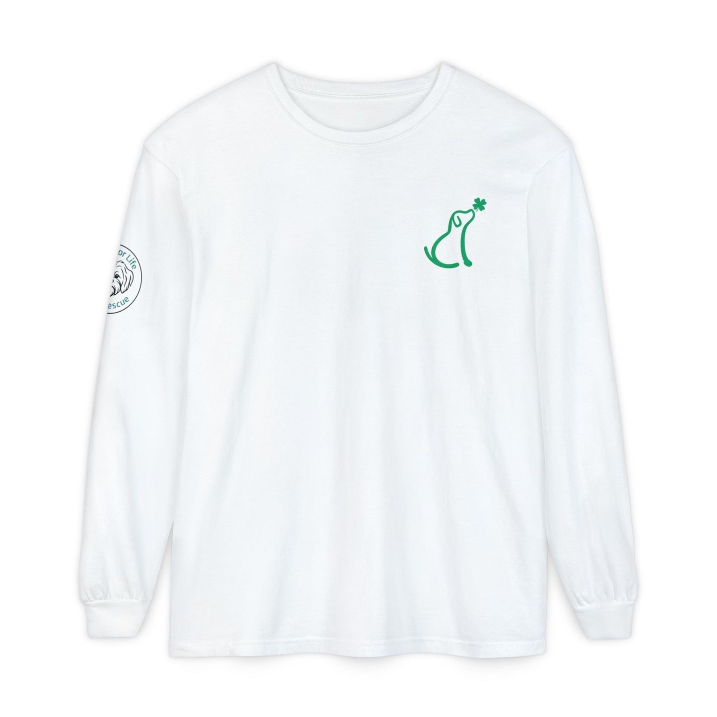 Rescue for Life St. Patrick's Day Dog with Shamrock - Logo on Sleeve